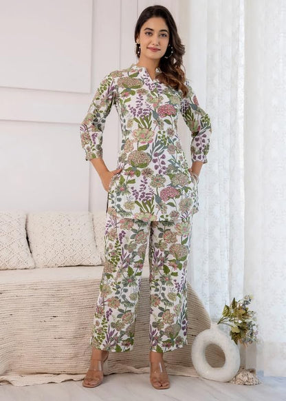 SMOWKLY Womens Printed Rayon Slub Mid Thighs Short Kurti With Relaxed Fit Pant Sylish Co-Ords Set || Trendy 3/4 Sleeve Kurta &