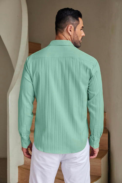 Deelmo MenS Button Down Dress Shirts Textured Long Sleeve Casual Hawaiian Beach Shirt Sea Green
