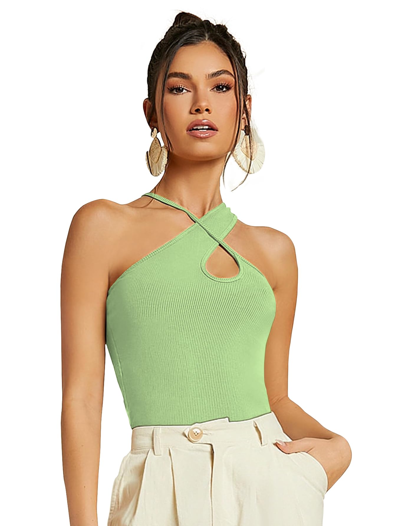 Sugathari Womens Green Criss Cross Front Ribbed Knit Korean Trendy Tank Western Tops for Women Stylish (T-Shirt 183 Pista Green