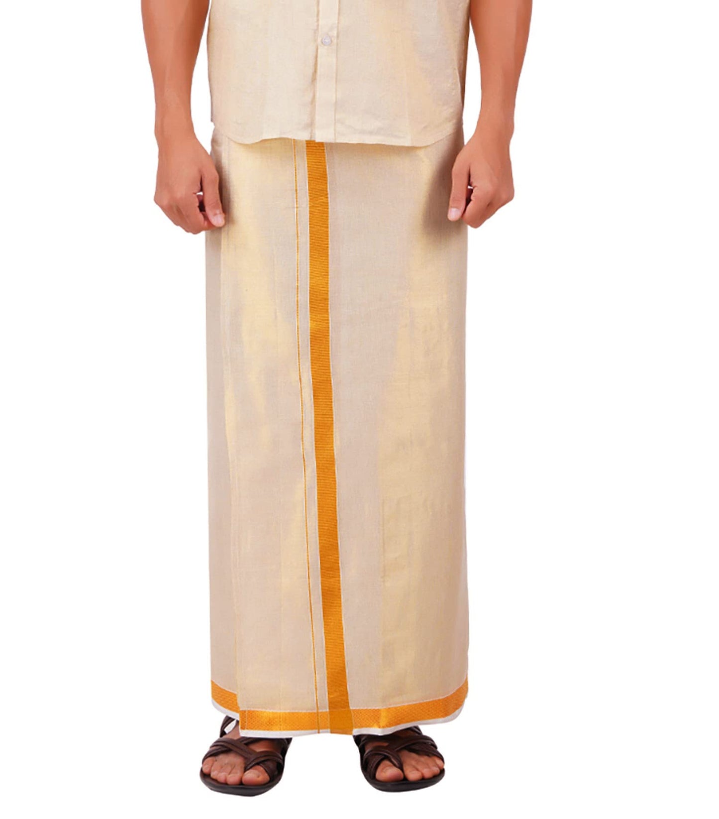 Prakasam Cotton Tissue Gold Readymade Welcro Pocket Jari (50K) Solid Men Dhoti/Tissue 4 Mulam (Single) Readymade Pocket Dhoti