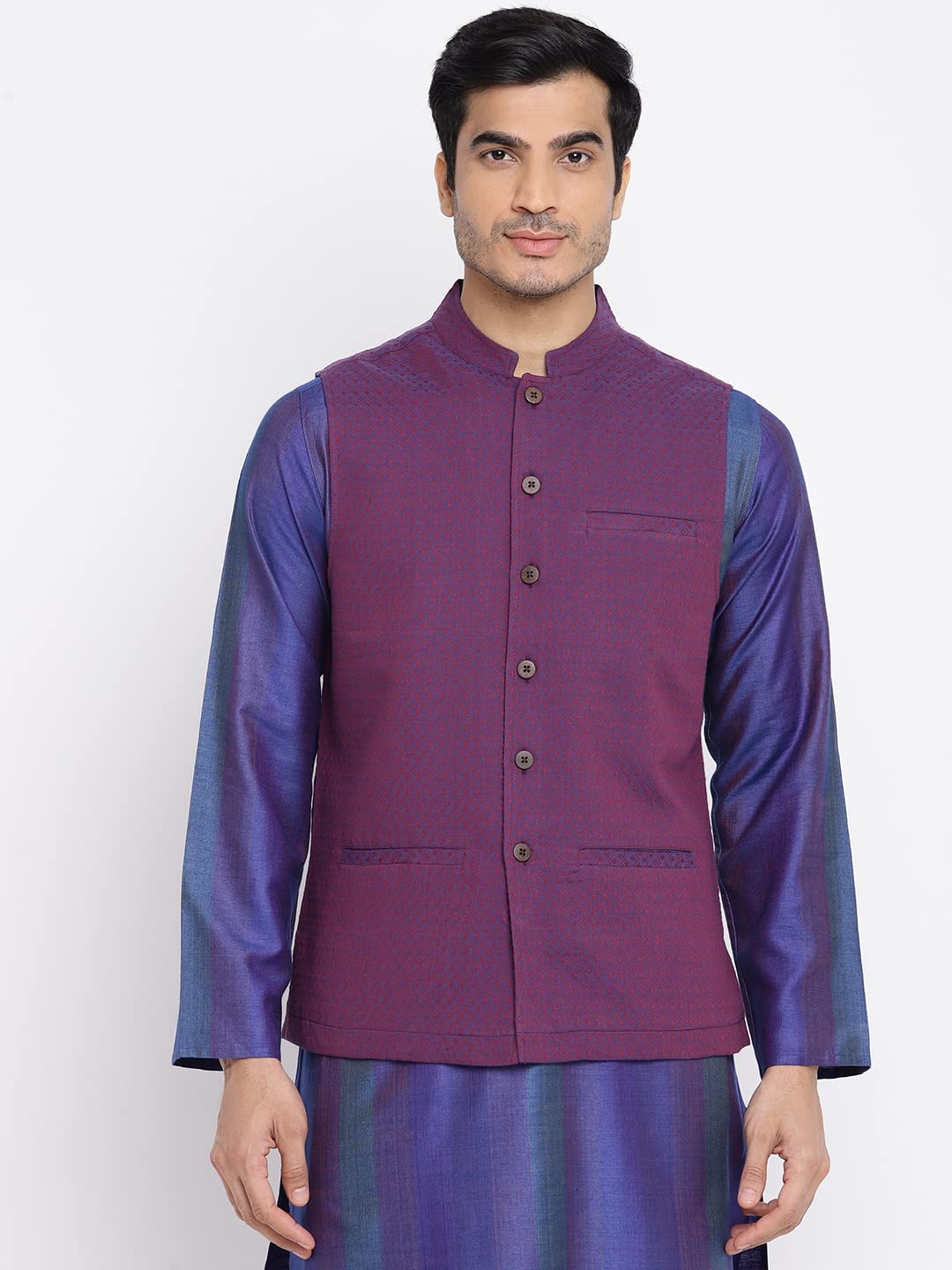 Fabindia Men Cotton Dobby Nehru Jacket Purple_XS