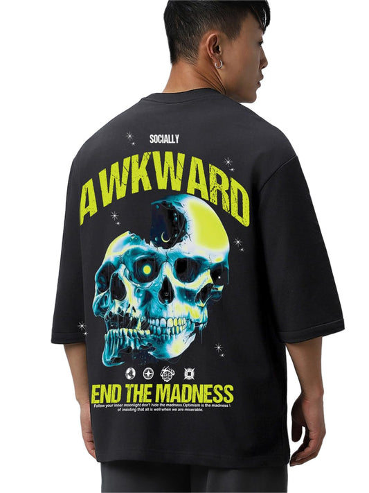 Bewakoof MenS Graphic Print Super Loose Fit Half Sleeve Round Neck Terry T-Shirt_657176_Black_Xl