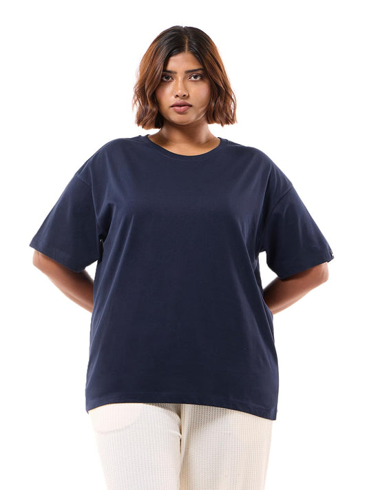 Bewakoof Womens Solid Oversized Fit Drop Shoulder Round Neck Cotton Plus Size T-Shirt_581057_Blue_6XL