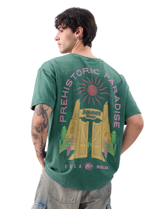 The Souled Store Official Jurassic Park: Prehistoric Paradise Vintage Wash Men and Boys Short Sleeves Round Neck Green Graphic P