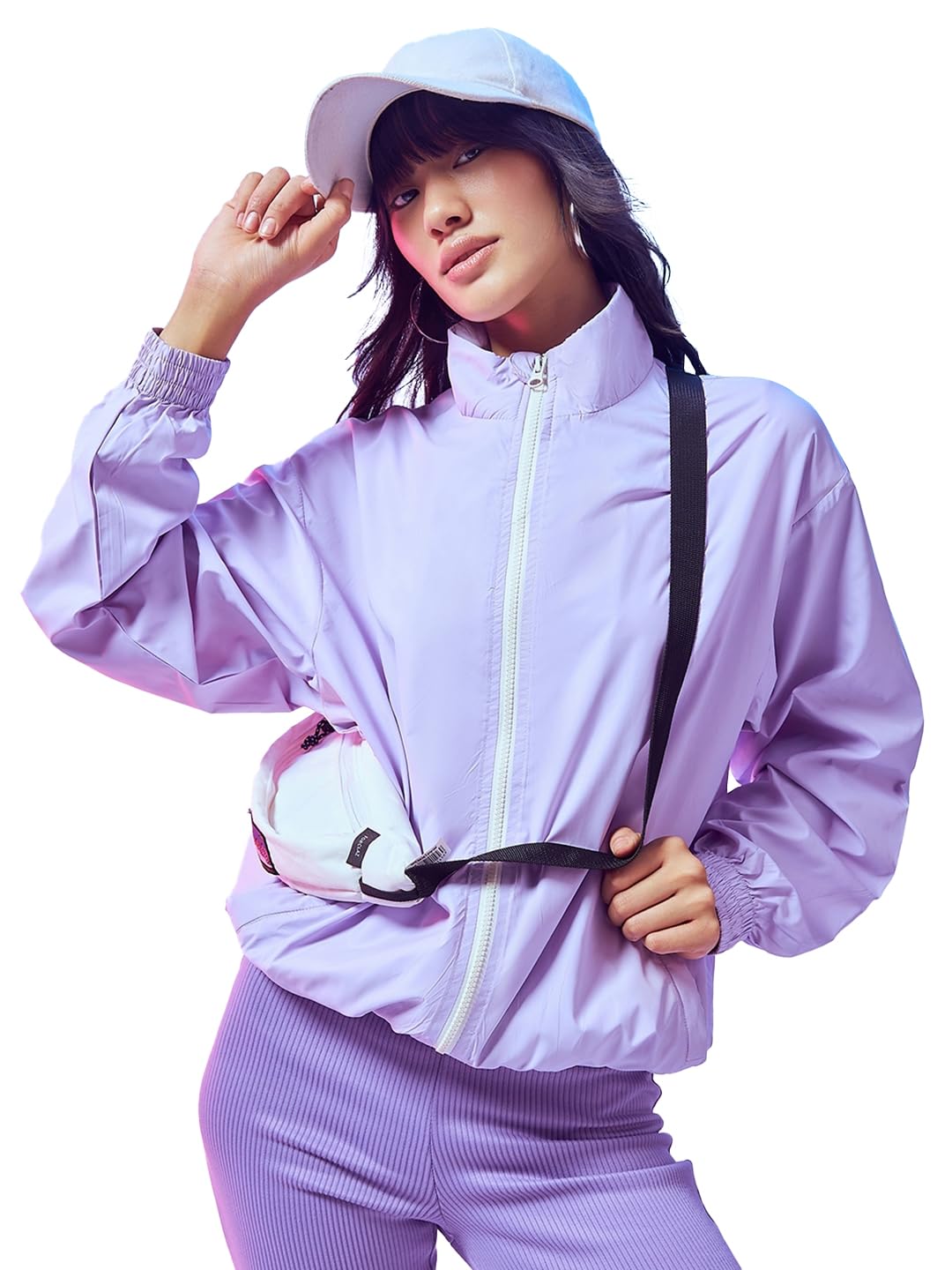 Bewakoof Womens Solid Oversized Full Sleeve Round Neck Nylon Plus Size Jacket_611067_Purple_6XL