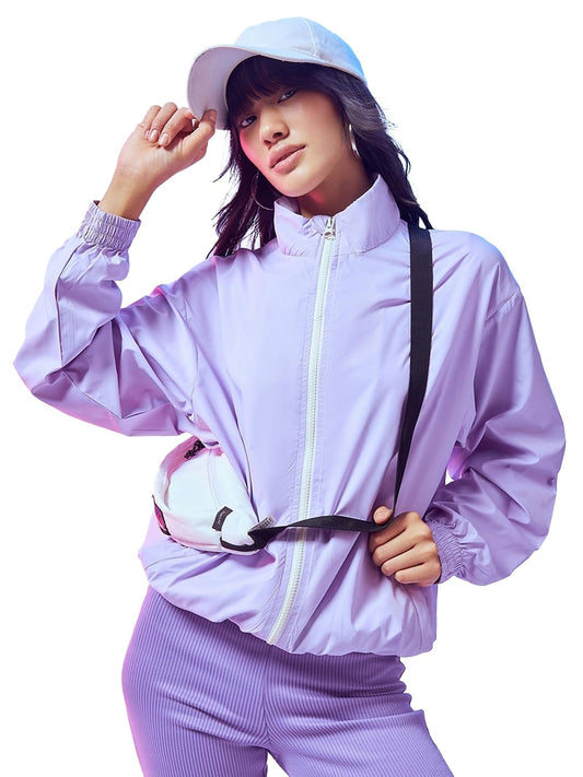 Bewakoof Womens Solid Oversized Full Sleeve Round Neck Nylon Plus Size Jacket_611067_Purple_6XL