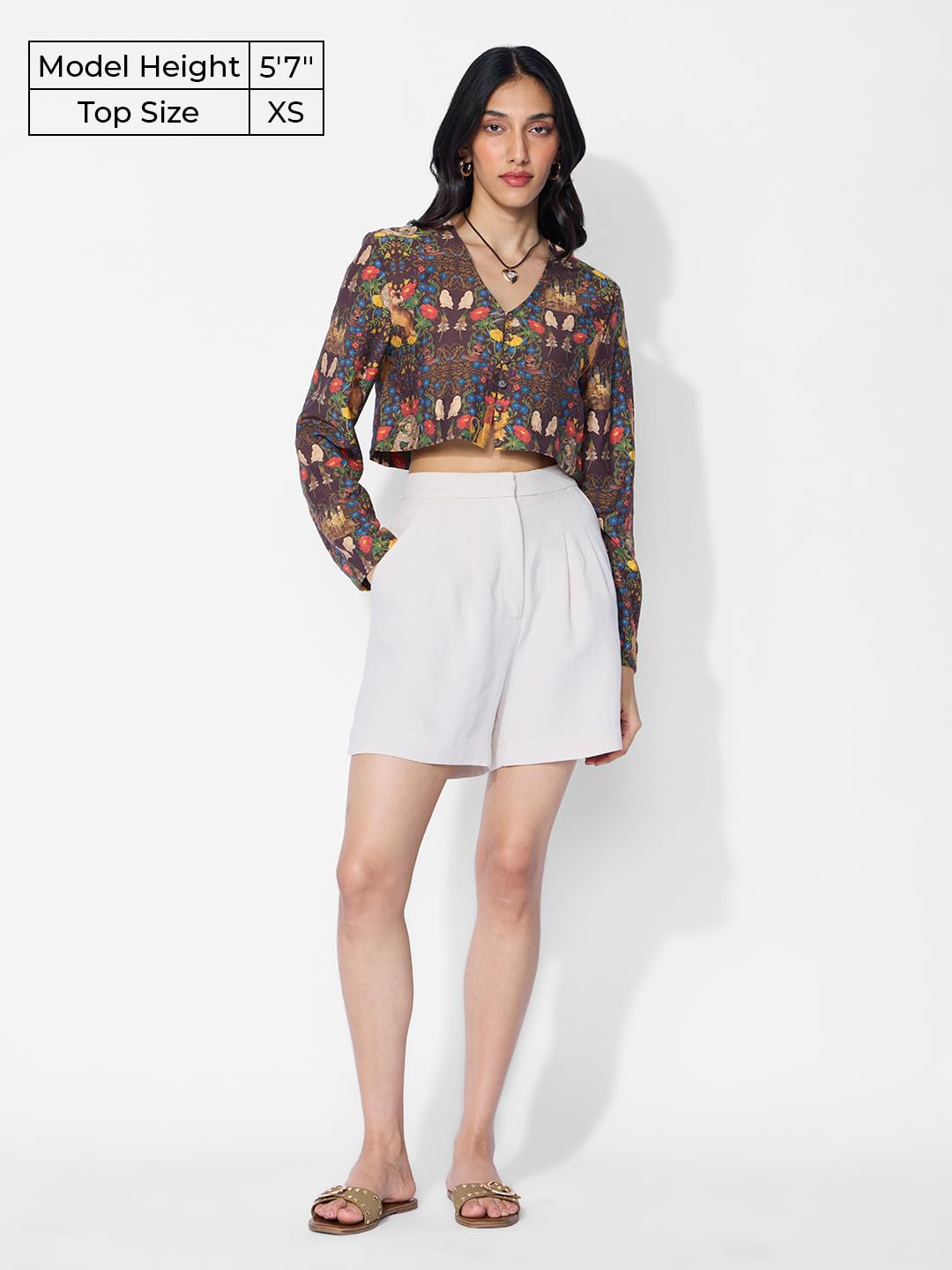 The Souled Store Harry Potter: Foliage Women and Girls Long Sleeves V Neck Button Front Brown All Over Printed Viscose Blend Cro