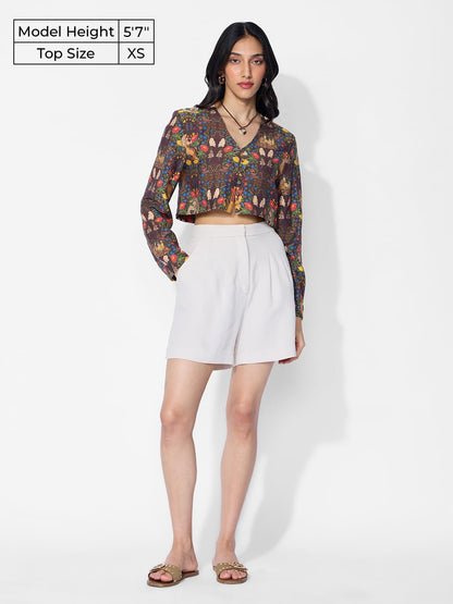 The Souled Store Harry Potter: Foliage Women and Girls Long Sleeves V Neck Button Front Brown All Over Printed Viscose Blend Cro