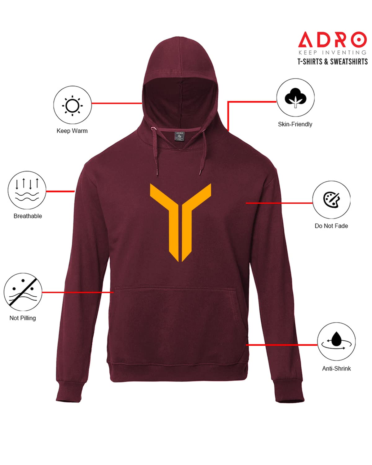 ADRO Men's Cotton Neck Hooded Sweatshirt (H22-M-LNN-MR_Maroon)