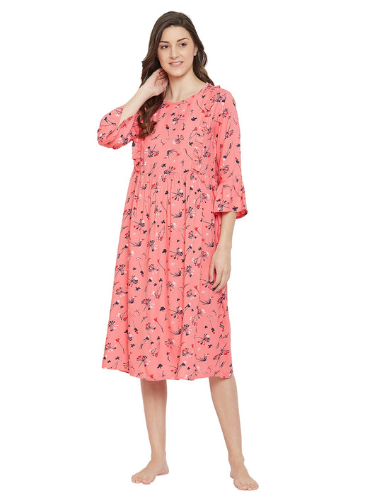 Clovia Womens Cotton Feeding Pretty Florals Mid Length Maternity Nightdress (NS1352R22_Pink_XL)