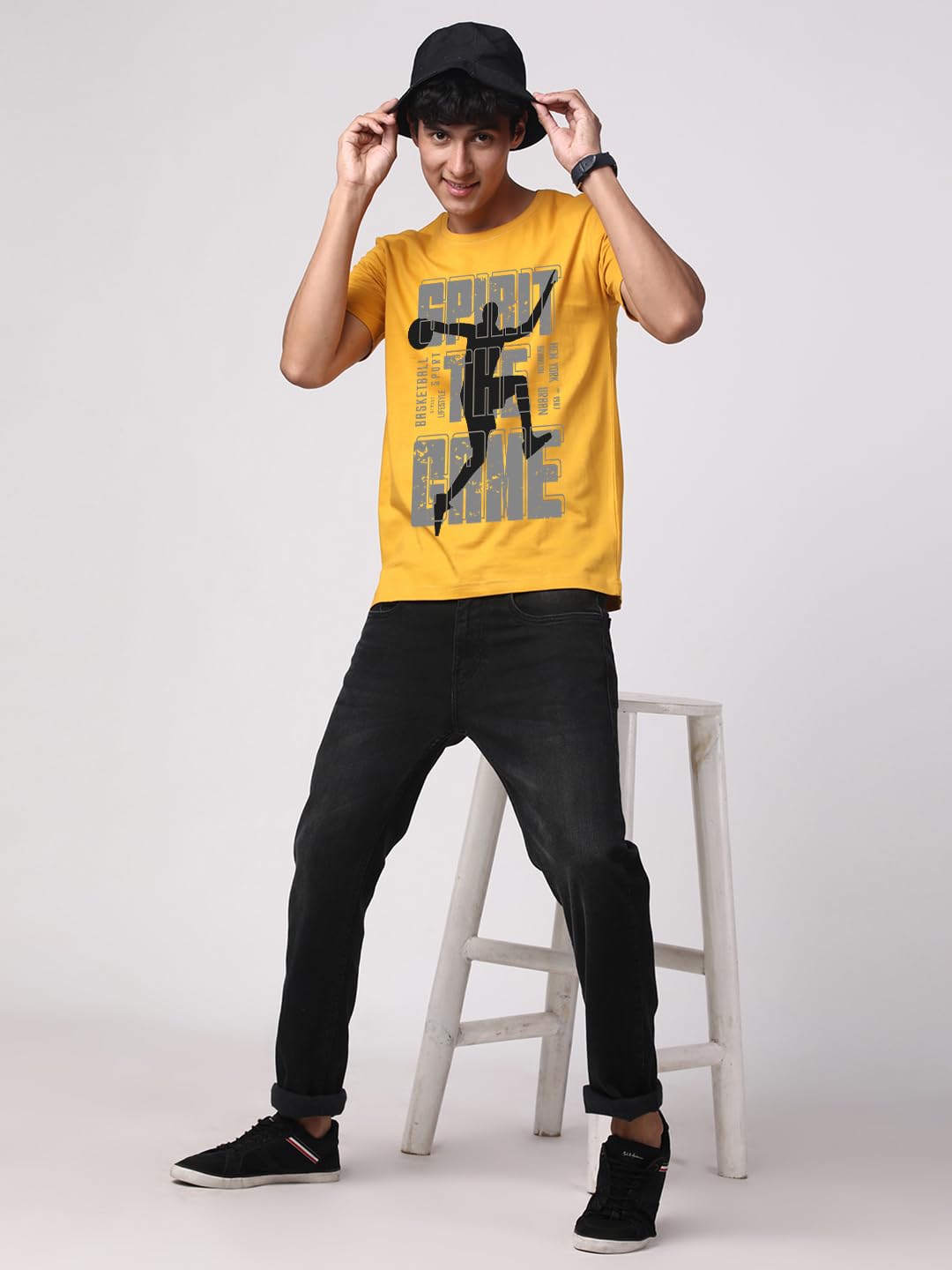 ADRO Sports Design Printed T-Shirt for Men - 100% Cotton, Regular Fit, Soft Breathable Fabric. (RN23-M-SPR-MU_Mustard)