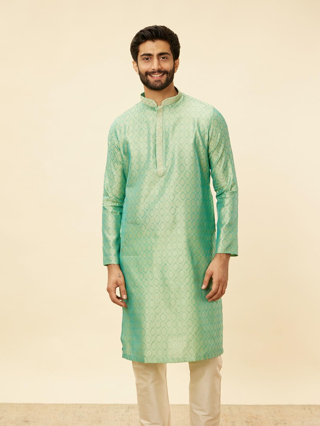 Manyavar Mens Green Art Silk Self Design Kurta Pyjama Set