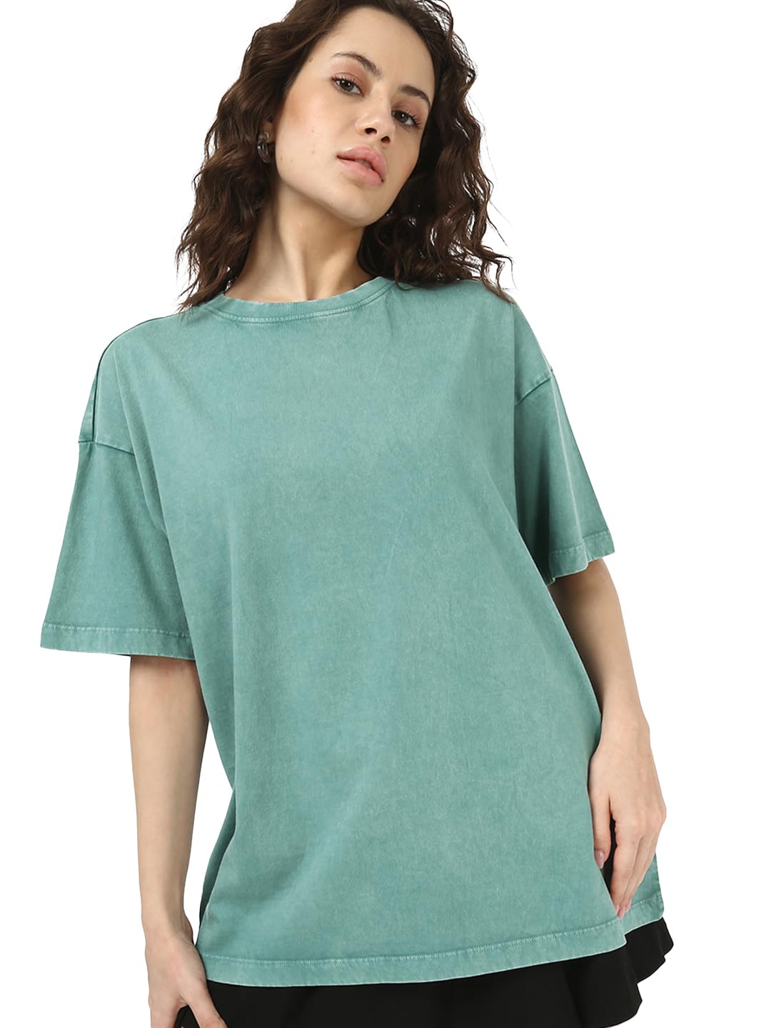 Bewakoof Womens Self Design Oversized Fit Half Sleeve Round Neck Pure Cotton T-Shirt_676089_Green_2XL