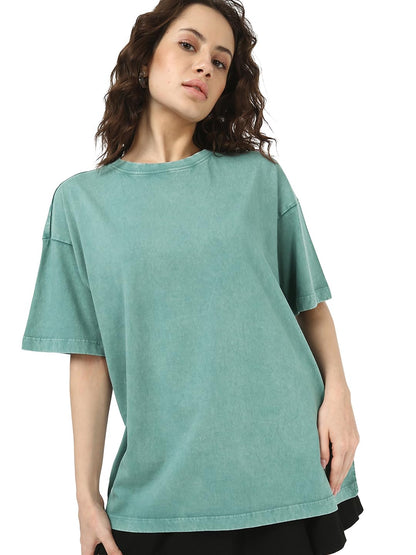 Bewakoof Womens Self Design Oversized Fit Half Sleeve Round Neck Pure Cotton T-Shirt_676089_Green_2XL
