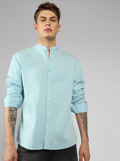 Dennis Lingo MenS| Blue| Full Sleeve| Mandarin Collar| Solid| Regular Fit| Casual Shirt