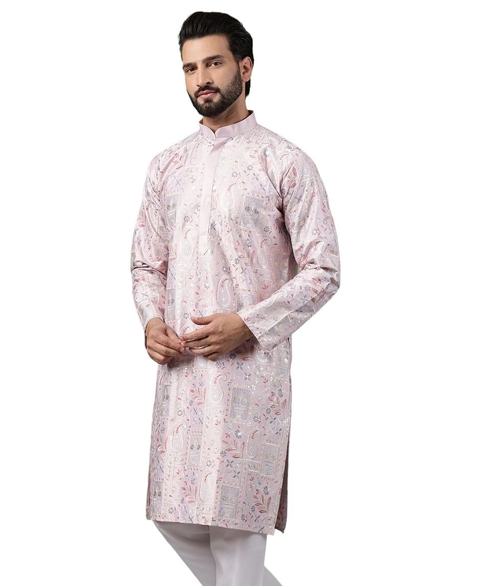 SOJANYA (Since 1958 Men's Cotton Floral & Sequin Embroidered Pink Long Kurta