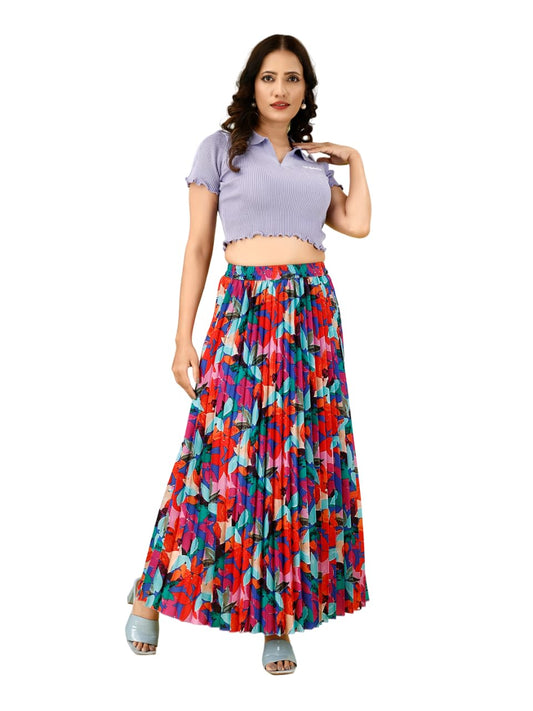Kzully | Stylish And Beautiful Floral | Floral Pleated Maxi Skirts For Women | Long Skirts Elastic Waist Multicolour