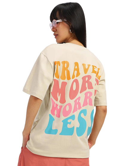 Juneberry Round Neck Drop Shoulder Beige Back Graphic Printed Pure Cotton Oversized T-Shirt For Women/Girls (Gl_Os_Trvmrwrls_Sw_