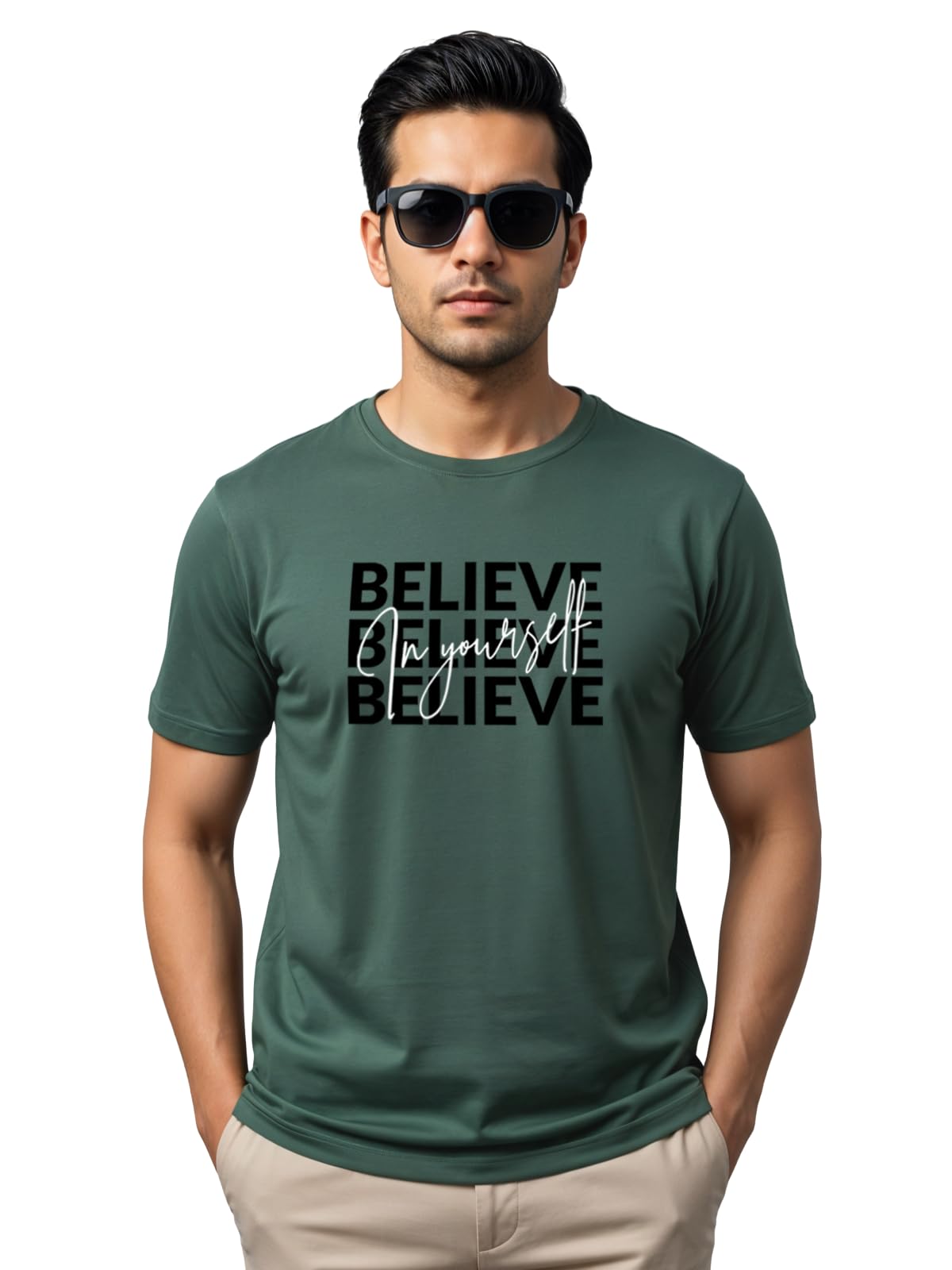 ADRO Mens Forest Green Motivational Printed Tshirt | Regular Fit T Shirt | Cotton Lycra Stretch Fabric | Sizes S to 5XL| Believ