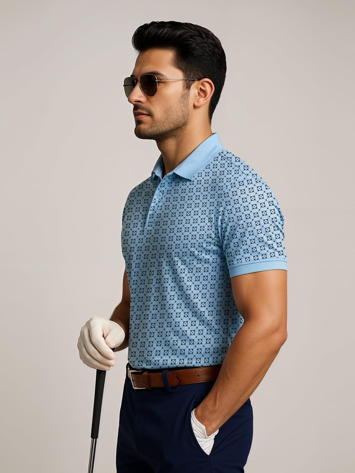 Mens Cotton Printed Polo Tshirt | 220 GSM Interlock Fabric | Slim Fit | Skin-Friendly Ink | Sky Blue Golf-Inspired Pattern T Sh