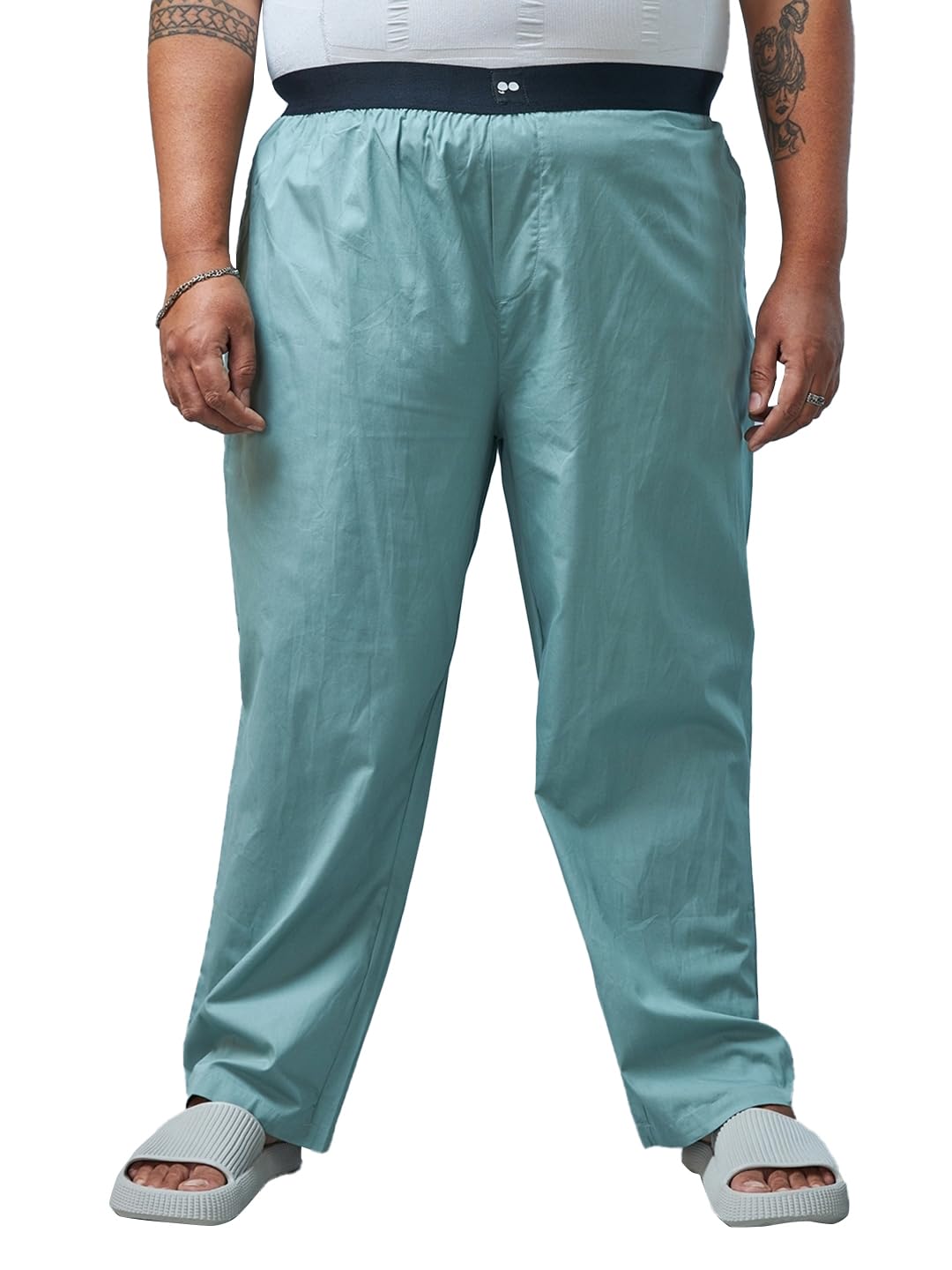 Bewakoof Mens Solid Regular Fit Poplin Plus Size Pyjamas_581595_Green_3XL