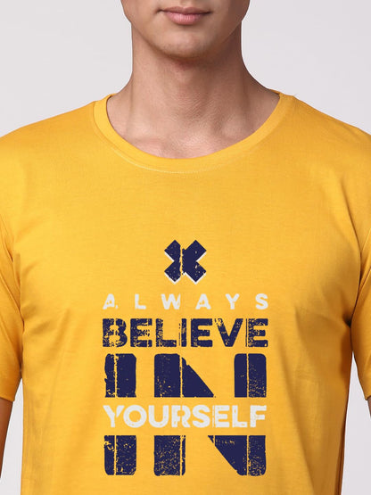 ADRO Believe in Yourself Printed T-Shirts for Men & Women (RNR-S35-BEL-MU_Mustard)