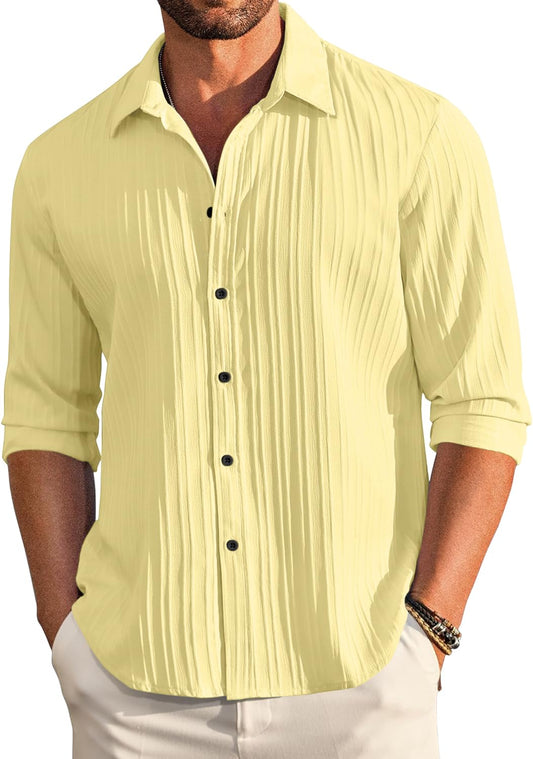 Finivo Fashion MenS Casual Cotton Plain Button Down Shirt Long Sleeve Textured Summer Beach Shirt For Men Yellow