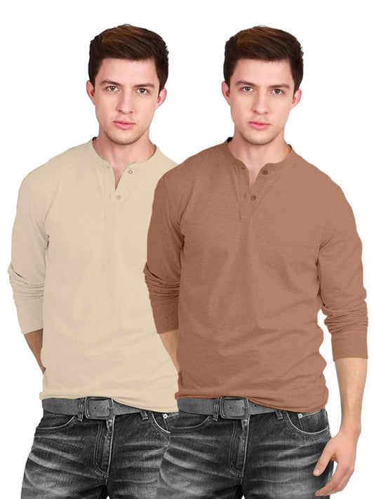 Veirdo Mens 100% Cotton Regular Fit Solid Plain Henley Neck Full Sleeve T-Shirt