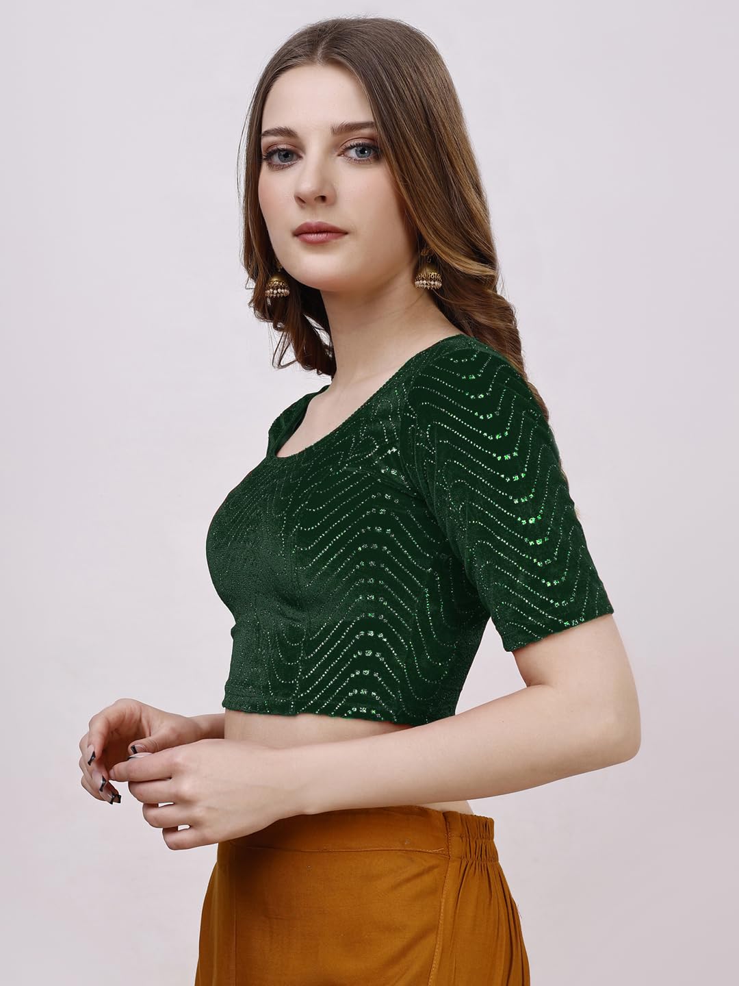 Vihu Fashion WomenS Readymade Hosiery Velvet Lycra Stretchable Round Neck Half Sleeve Blouse With Jari Work Fancy Green Color L