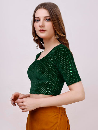 Vihu Fashion WomenS Readymade Hosiery Velvet Lycra Stretchable Round Neck Half Sleeve Blouse With Jari Work Fancy Green Color L