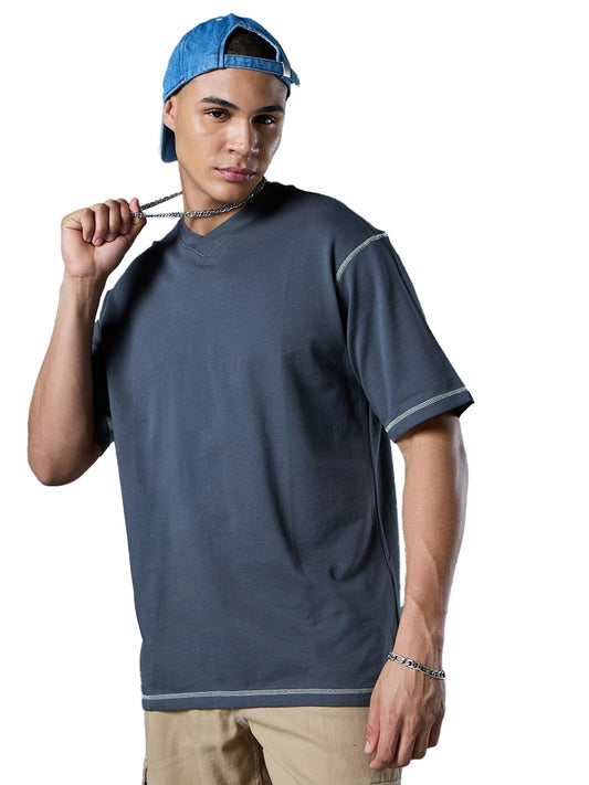 Bewakoof Heavy Duty 1.0 Mens Solid Oversized Fit Half Sleeve V-Neck Cotton T-Shirt_627846_Grey_XL