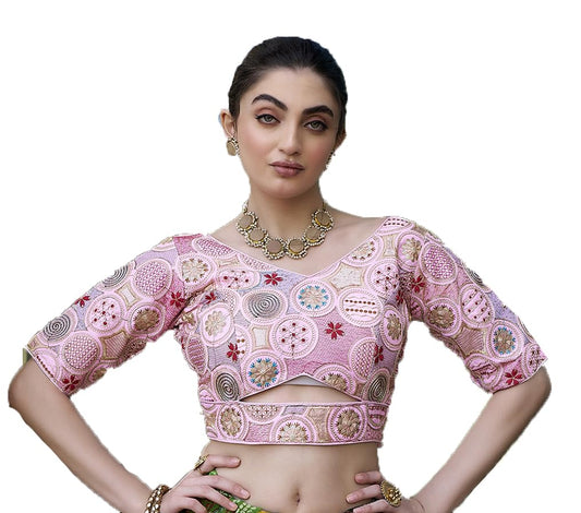 Pujia Mills WomenS Blouse Readymade Blouse Embroidery Multi Coding Gold Thread Blouses Handwork Baby Pink Color Readymade Saree