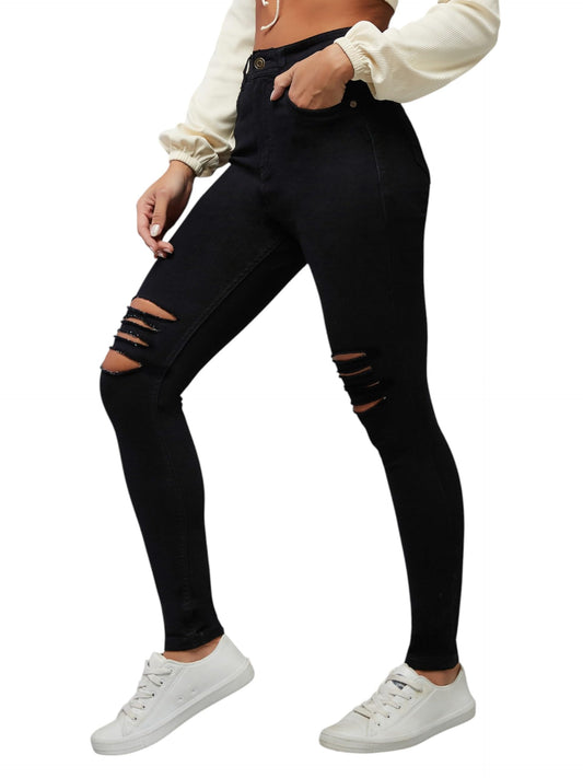 Dolce Crudo Womens Slim Fit High Rise Regular Length Mild Distressed Ripped Denim Stretchable Jeans (DOSS18DEN02-34-335-32, Cha