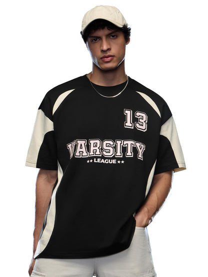 The Souled Store Colourblock T-Shirt: Varsity League Men and Boys Short Sleeves Round Neck Black Graphic Printed Cotton Oversize