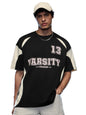 The Souled Store Colourblock T-Shirt: Varsity League Men and Boys Short Sleeves Round Neck Black Graphic Printed Cotton Oversize