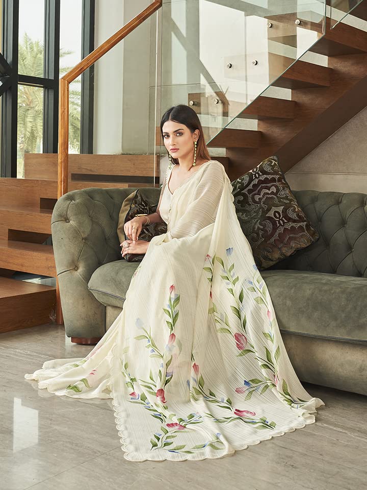 Womanista Womens Satin Hand Print Saree for Women | Fancy Floral Print Striped Saree (TI3313_Cream)