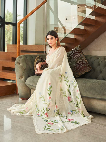 Womanista Womens Satin Hand Print Saree for Women | Fancy Floral Print Striped Saree (TI3313_Cream)