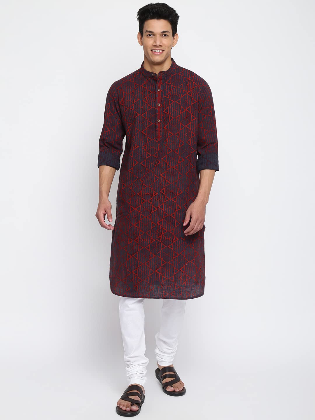 Fabindia Men Cotton Printed Slim Fit Long Kurta Maroon_XS