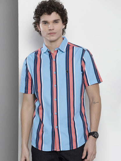 The Indian Garage Co Men Blue Striped Slim Fit Cotton Casual Shirt