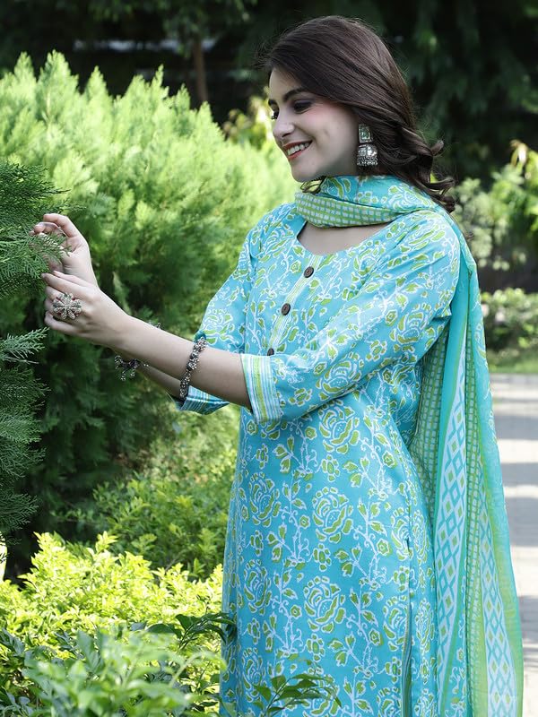 Pinkmint Salwar Suit For Women Cotton Flower Printed Kurta & Straight Pant With Dupatta