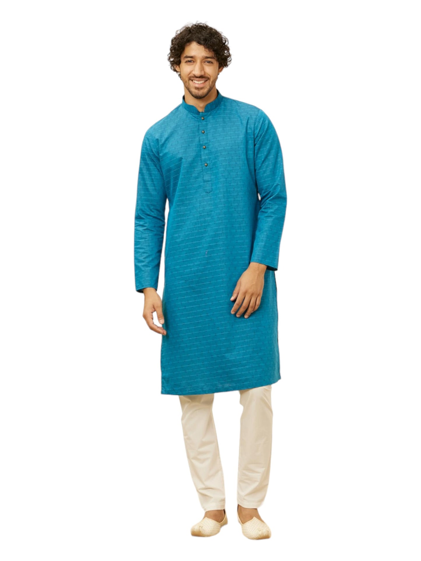 Manyavar Mens Blue Blended Cotton Self Design Kurta Pyjama Set
