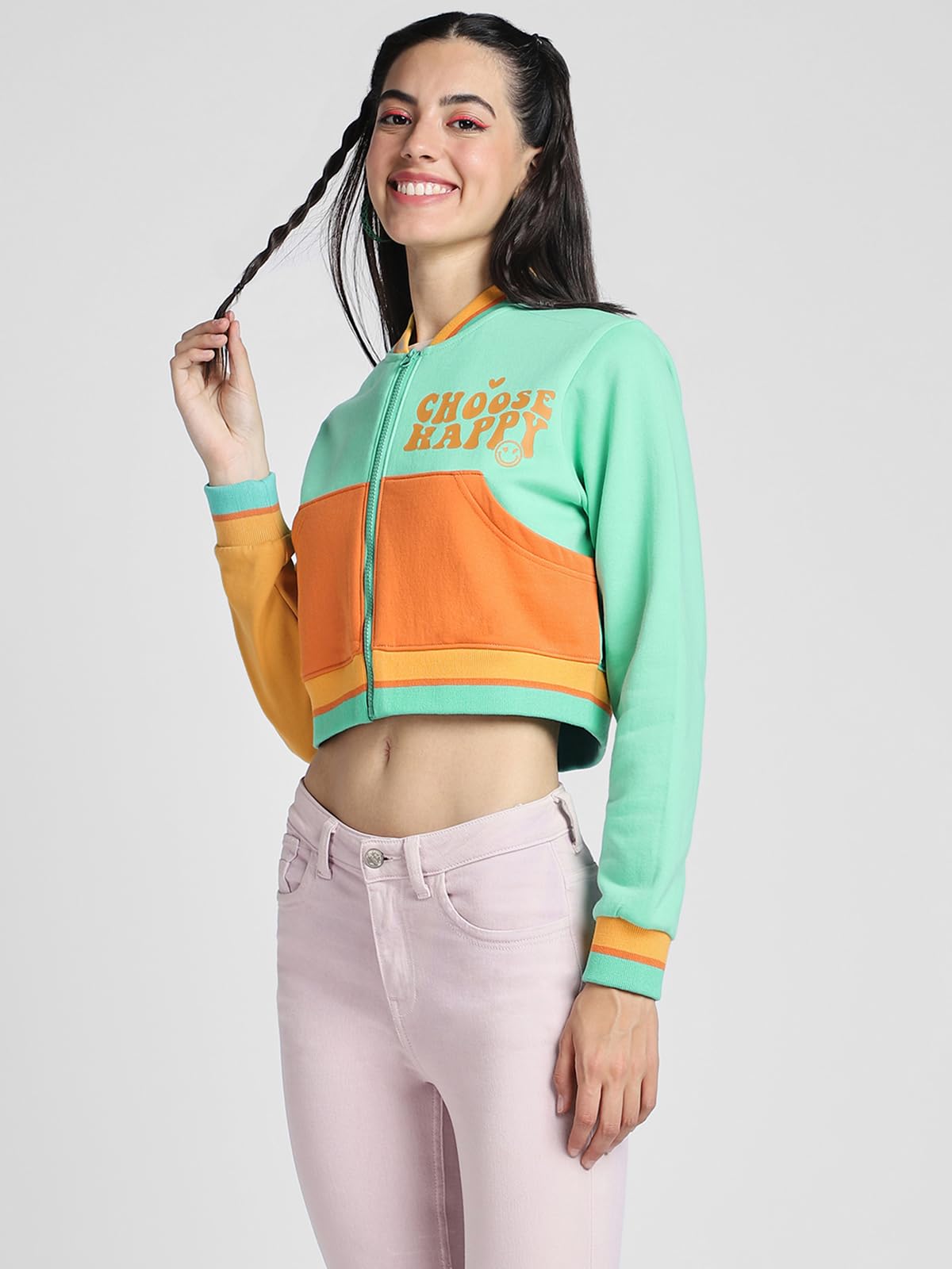 Juneberry Cotton Poly Fleece Regular Fit Multicolor Colorblocked Printed Full Sleeve Cropped Jacket For Women & Girls (Jjk0423Mc