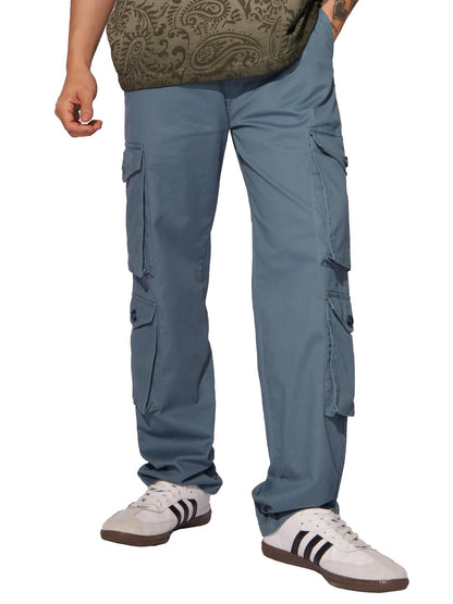 The Souled Store Solids: Steel Blue Men and Boys Buttoned Cotton Blend Straight Fit Cargo Pants