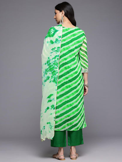 Varanga Women Green Leheriya Zari And Sequins Embroidered Kurta Set With Dupatta