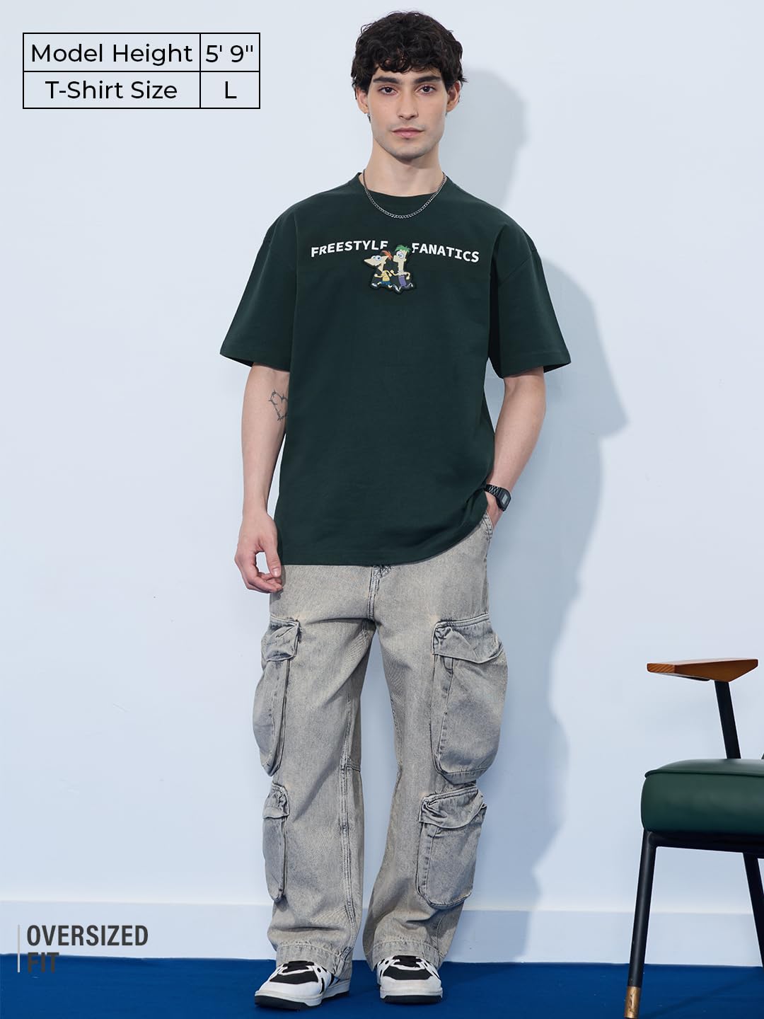 The Souled Store Phineas and Ferb: Applique Patch Men and Boys Short Sleeves Round Neck Dark Green Graphic Printed Cotton Oversi