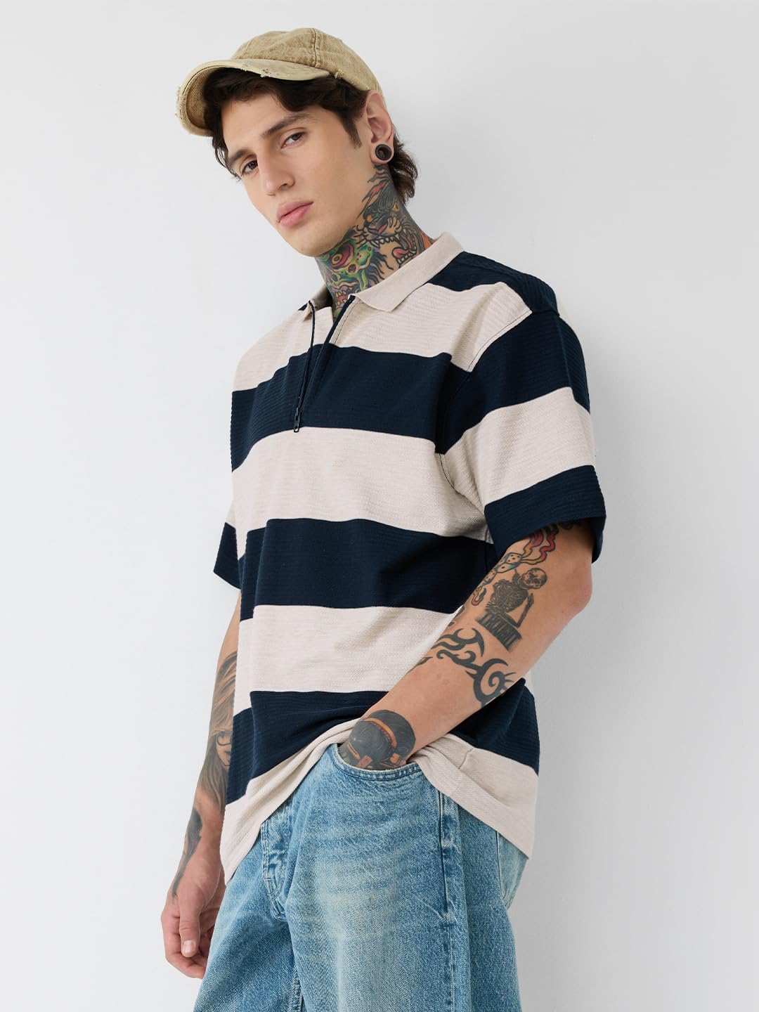 The Souled Store Textured Stripes: Riviera Men and Boys Short Sleeves Collared Neck Oversized Cotton Zipper Polos