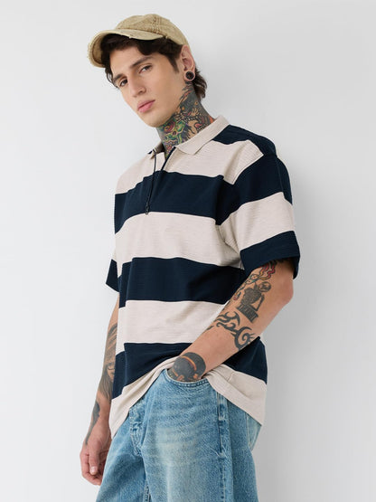 The Souled Store Textured Stripes: Riviera Men and Boys Short Sleeves Collared Neck Oversized Cotton Zipper Polos