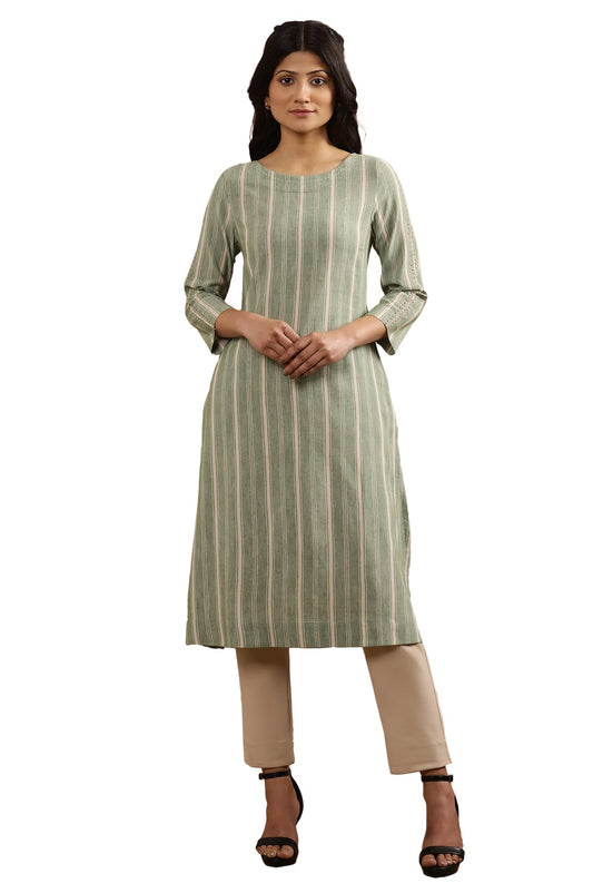 W for Woman Green Striped Print Cotton Straight Kurta