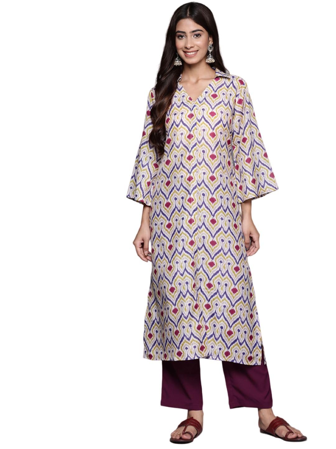 Varanga Women Off White Ikat Printed Shirt Collar Straight Kurta Paired with Violet Solid Bottom.