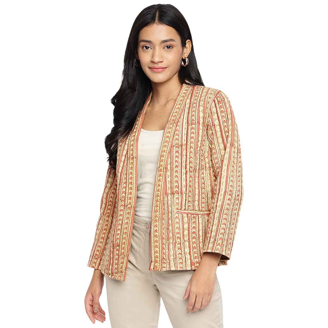 Fabindia WomenS Green Cotton Printed Kalamkari Jacket 102570302_Olive
